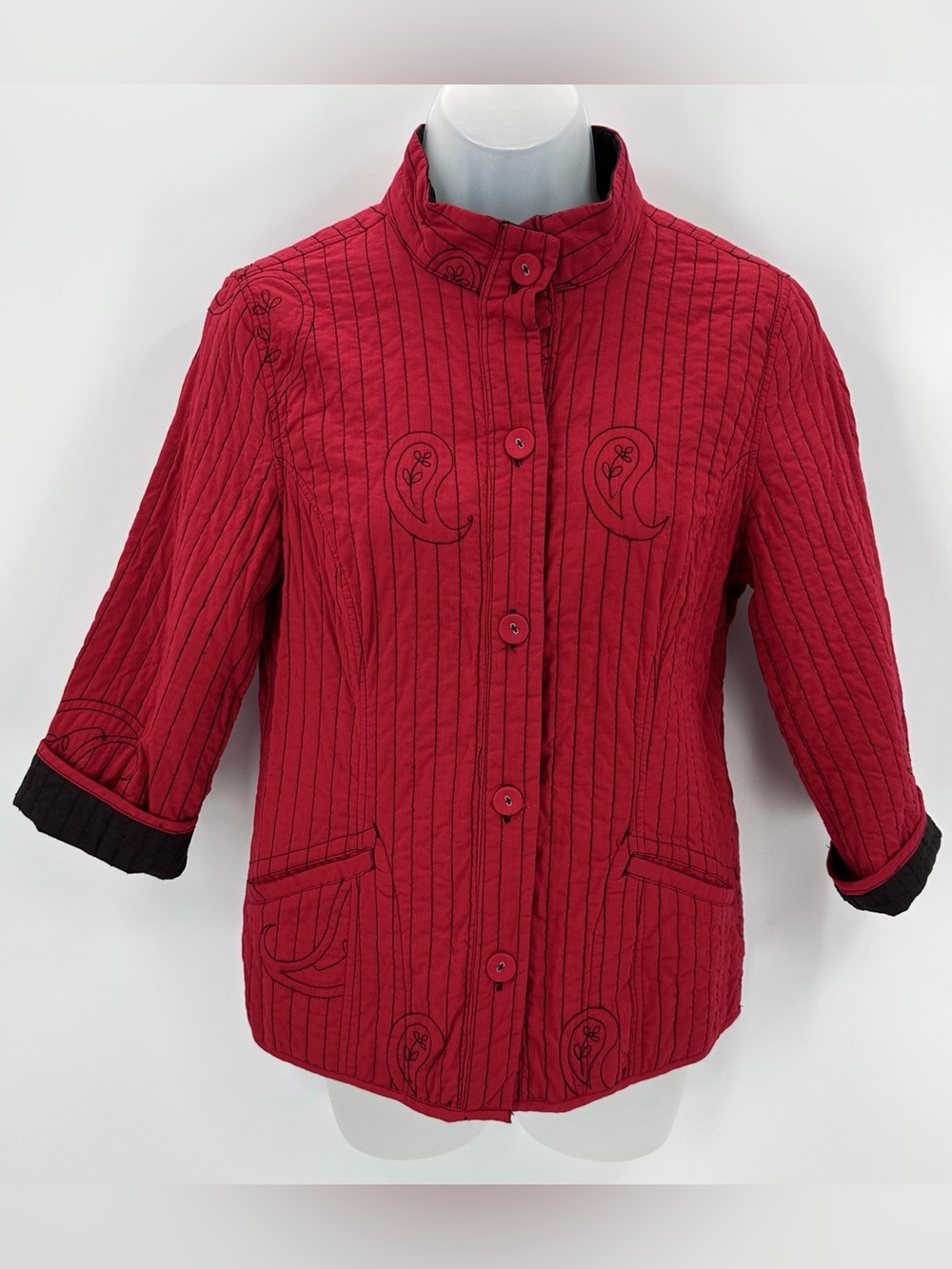 Chicos Jacket Quilted Cotton Buttons Womens 0 US Sz S 4 Red Paisley READ